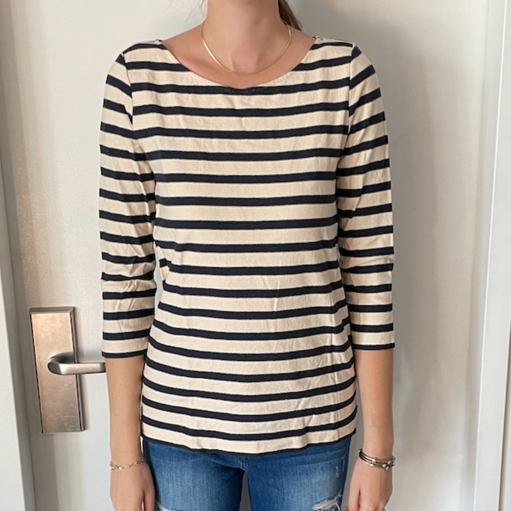 J Crew Blue and off white striped long sleeve with pink trim - Picture 2 of 5